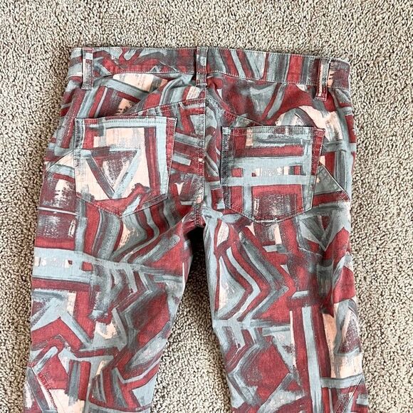 Monika Chiang Geometric Moto Skinny Pants Women's 25 Low Rise Ankle Zip Gray Red - Picture 5 of 7